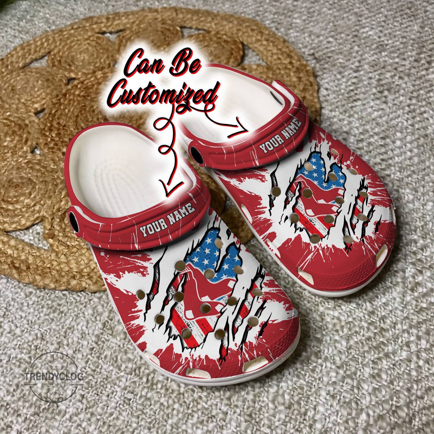 Red Sox Crocss Personalized BRed Sox Baseball Ripped American Flag Clog Shoes