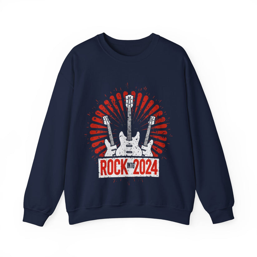 Rock Into 2024′ Distressed Sweater, New Years Eve Party Gift, Grunge Music Style, Electric Guitars Fireworks