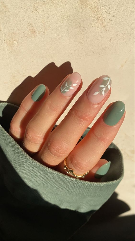 Sage green and white leaf custom press on nails