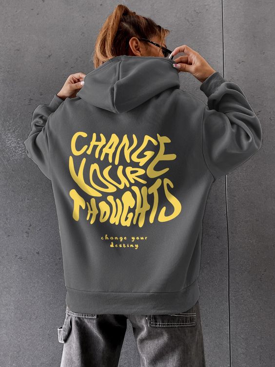 Slogan Graphic Kangaroo Pocket Drawstring Thermal Hoodie