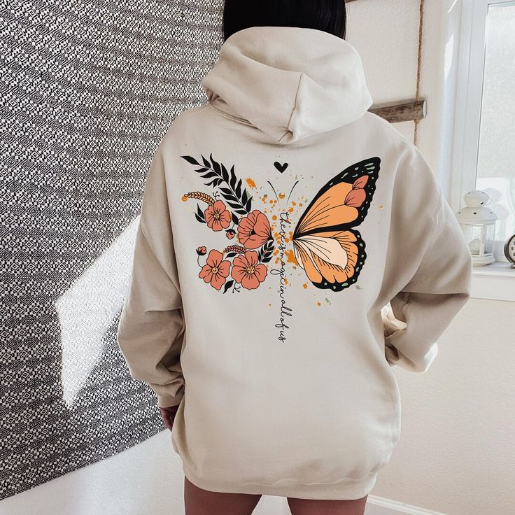 Stay Positive Butterfly and flowers hoodie, Hoodie with words on back, Cottagecore Aesthetic Shirt, Tumblr Hoodie, Beach Sweatshirt, Unisex