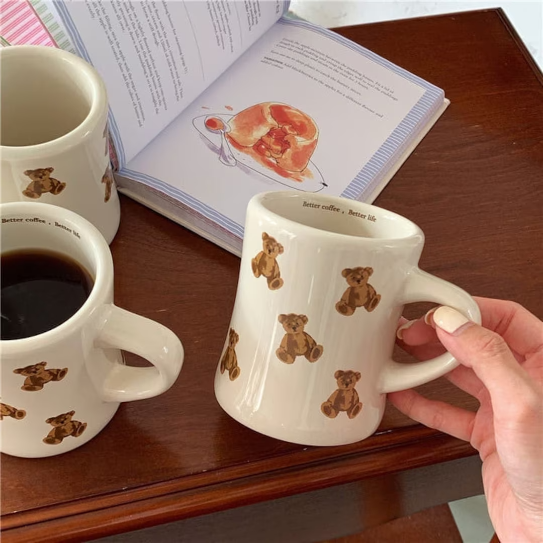 Teddy Bear Mug Ceramic, Handmade Coffee Mug, Bear Gifts, Water Cup, Cappuccino Mug, Handgrip Cup, Coffee Lovers Gifts, Milk Tea Cups