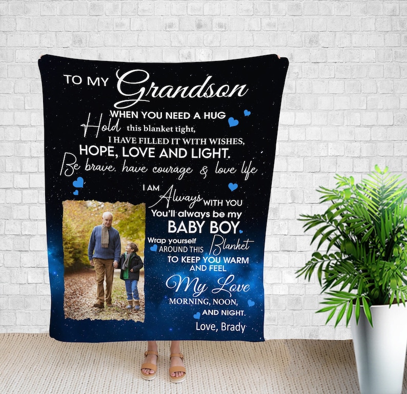 To My Grandson Blanket, Custom Photo Blanket For Grandson, Gift From Grandparents, Personalized Gift Ideas For Grandkid.