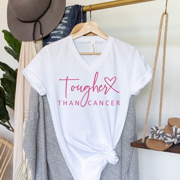 Tougher Than Cancer V-Neck Shirt, Breast Cancer V-Neck Shirt, Women Shirt, Pink October, Gift for a Cancer Fighter, Ink and Quotes