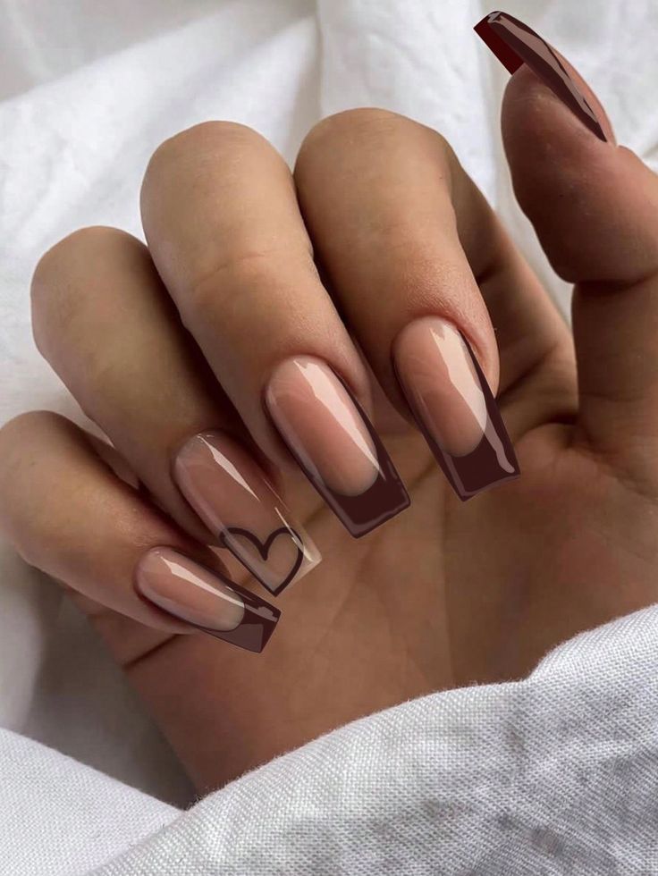 Upgrade Your Look Now With 24pcs Long Square-shaped Coffee Colored Heart & French Design Full Cover False Nails, Suitable For Women And Girls For Daily Wear