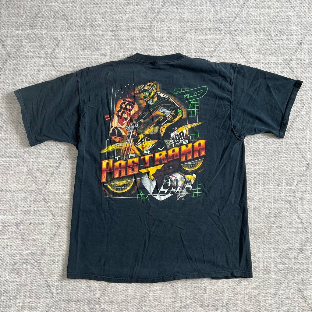 Vintage 1990s Travis Pastrana Motorsports Stunts Black Faded Distressed Shirt