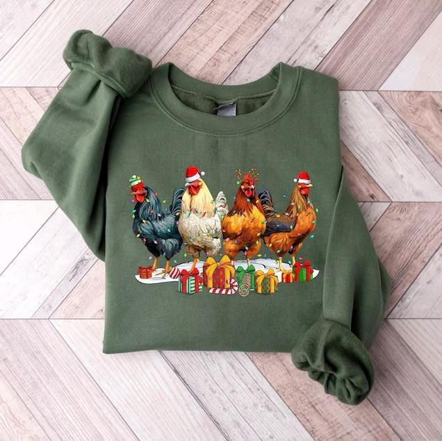 Vintage Christmas Chickens Sweatshirt for Women