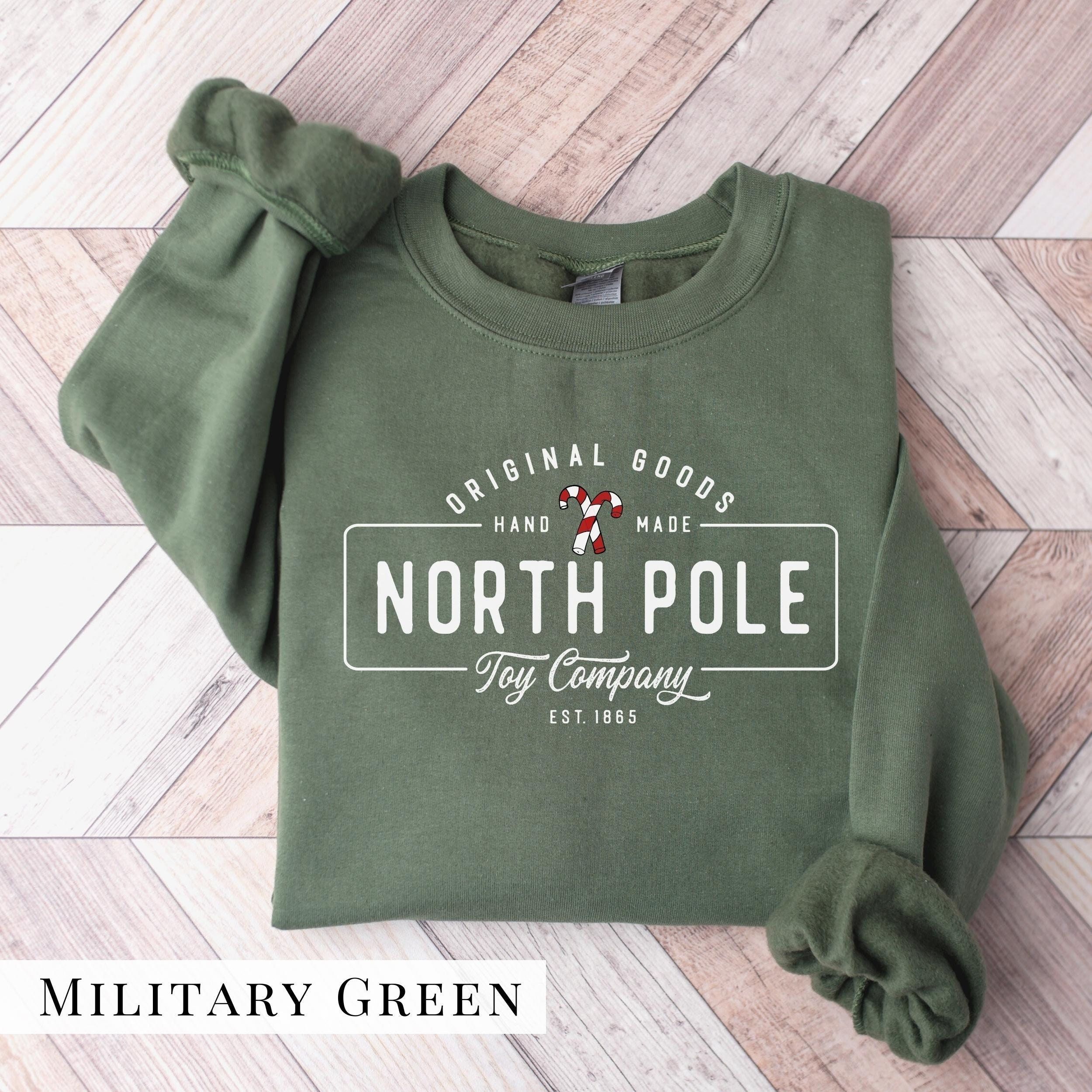 Vintage Christmas Sweatshirt. North Pole Toy Co Adult Unisex Hoodie. Funny Happy Holidays Shirt. Merry Xmas Candy Cane Crew Neck Sweater