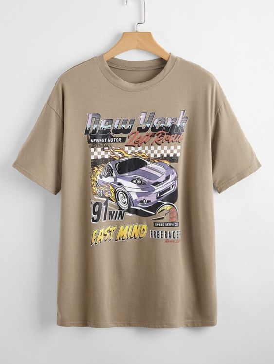 WDIRARA Men’s Car Letter Graphic Print Short Sleeve Round Neck T Shirt Tee