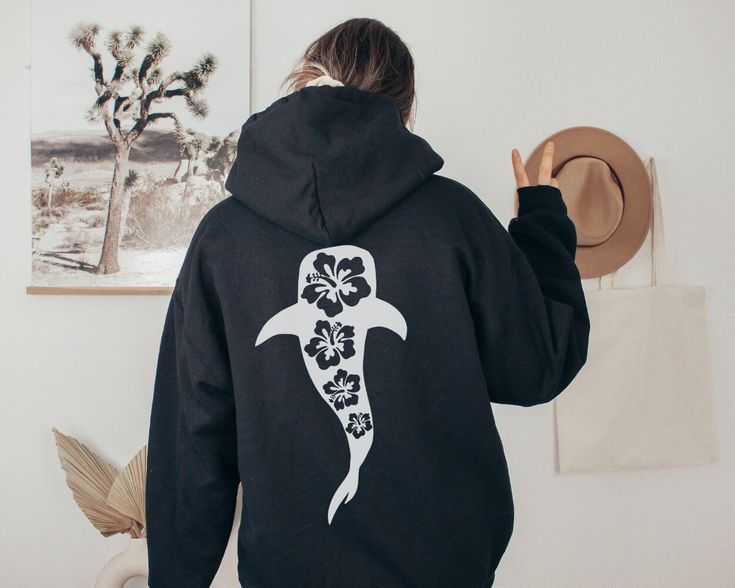 Whale Shark Hibiscus Hoodie Ocean Beach Hoodie Coconut Girl Clothes Marine Biology Hoodie Back Print Hoodie Beachy Hoodie Nature Hoodie, Black