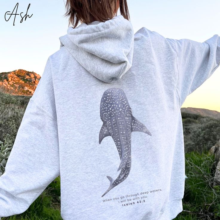 Whale Shark Hoodie Beachy Hoodie Shark Hoodie Coconut Girl Jesus Hoodie Christian Crewneck Faith Over Fear Surf Hoodie Beach Hoodie, Sport Grey