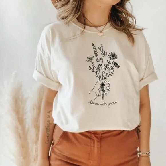 White Bloom With Grace Bella Canvas Relaxed Graphic Tee T-Shirt Top Short Sleeve Casual Women’s