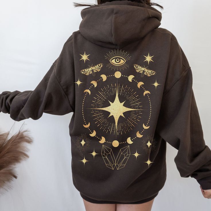 Witch Celestial Moon Hoodie, Moon Sweater, Celestial Hoodie, Witchy Hoodie, Moon Phase Hoodie, Moth Hoodie, Witch Hoodie, Brown Hoodie