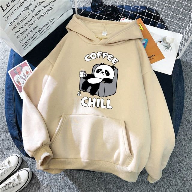 Wjczt Cute Panda Sleeps, New Women’S Warm Vintage Pullover For Woman Fashion Korean Round Neck Hoodie, Coffee Chill