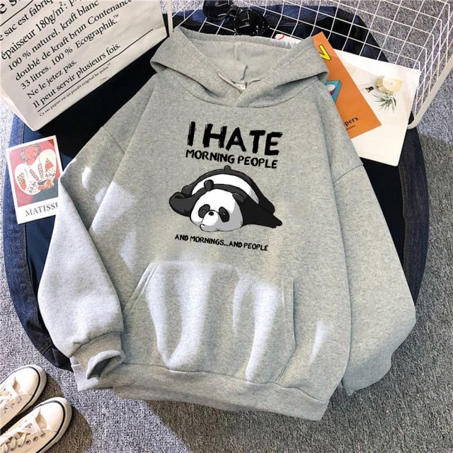 Wjczt Cute Panda Sleeps, New Women’S Warm Vintage Pullover For Woman Fashion Korean Round Neck Hoodie, i Hate Morning People