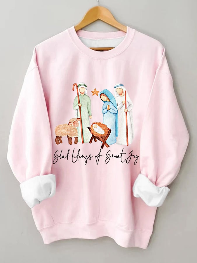 Women’s Christmas Glad Tidings Of Great Joy Nativity Casual Sweatshirt – Light Pink