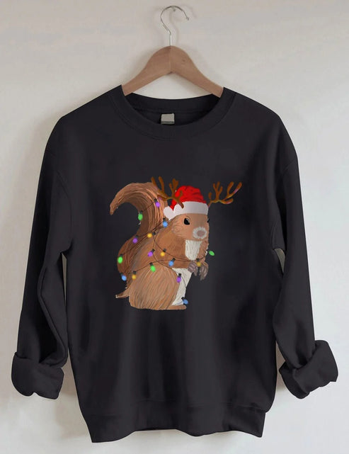 Women’s Christmas Squirrel Lights Print Sweatshirt – Black