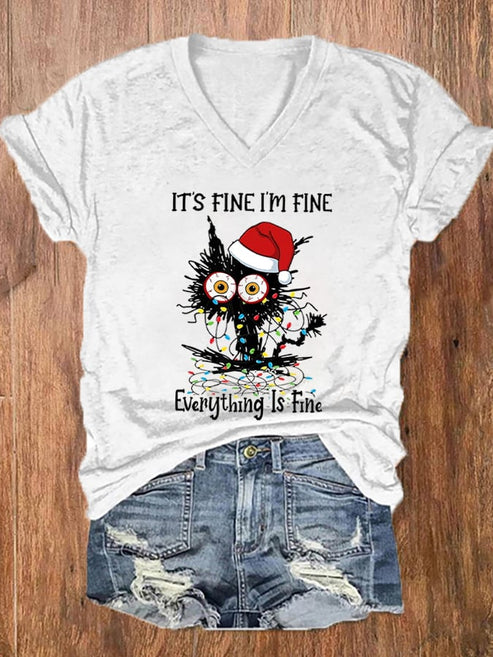 Women’s It’s Fine I’m Fine Everything Is Fine Christmas Cat Print T-Shirt