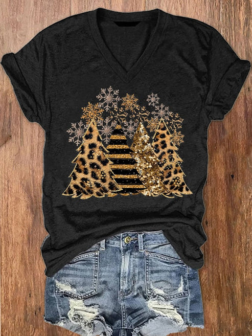 Women’s Leopard Christmas Tree Print V-Neck T-Shirt