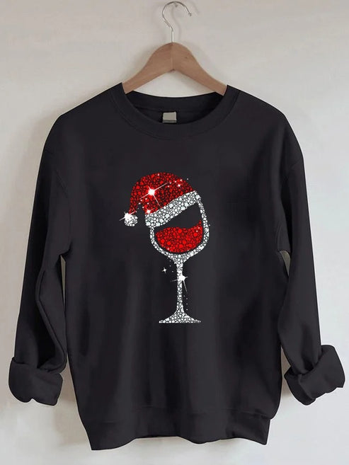 Women’s Merry Christmas Shiny Wine Glass Casual Sweatshirt 002 – Black