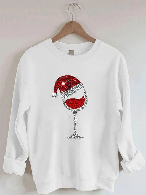 Women’s Merry Christmas Shiny Wine Glass Casual Sweatshirt 002 – White