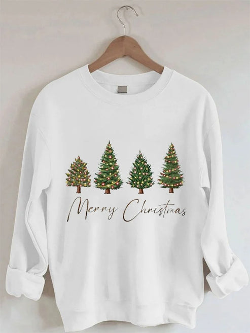 Women’s Merry Christmas Tree Print Casual Sweatshirt – White