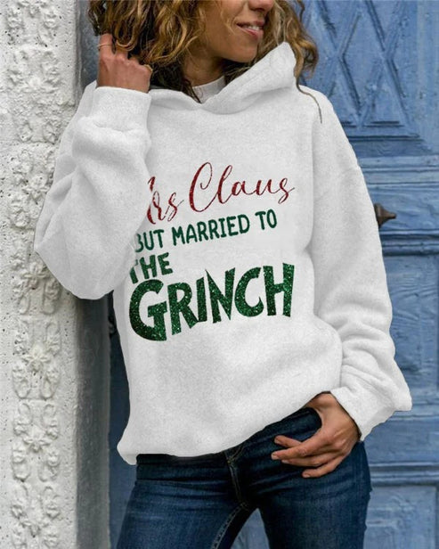 Women’s Mrs. Claus But Married To The Grinch Print Casual Hoodie – White