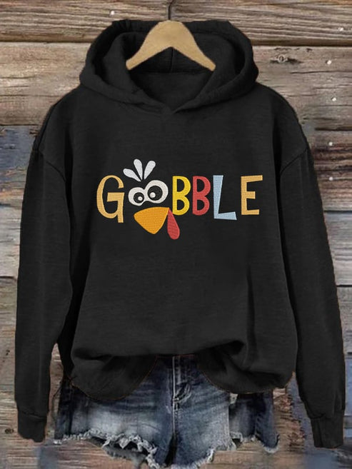 Women’s Thanksgiving “Gobble” Printed Casual Hooded Sweatshirt