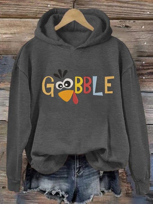 Women’s Thanksgiving “Gobble” Printed Casual Hooded Sweatshirt – Dark Grey