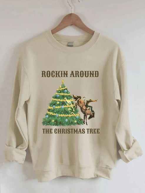 Women’s Western and Christmas “ROCKIN AROUND THE CHRISTMAS TREE” Printed Casual Sweatshirt