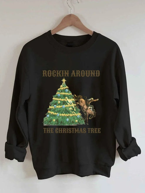 Women’s Western and Christmas “ROCKIN AROUND THE CHRISTMAS TREE” Printed Casual Sweatshirt – Black