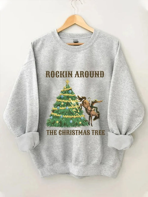 Women’s Western and Christmas “ROCKIN AROUND THE CHRISTMAS TREE” Printed Casual Sweatshirt – Grey