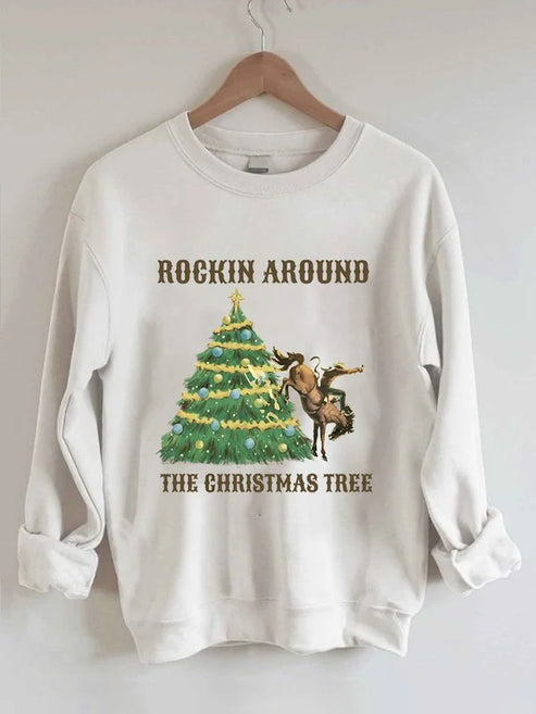 Women’s Western and Christmas “ROCKIN AROUND THE CHRISTMAS TREE” Printed Casual Sweatshirt – White